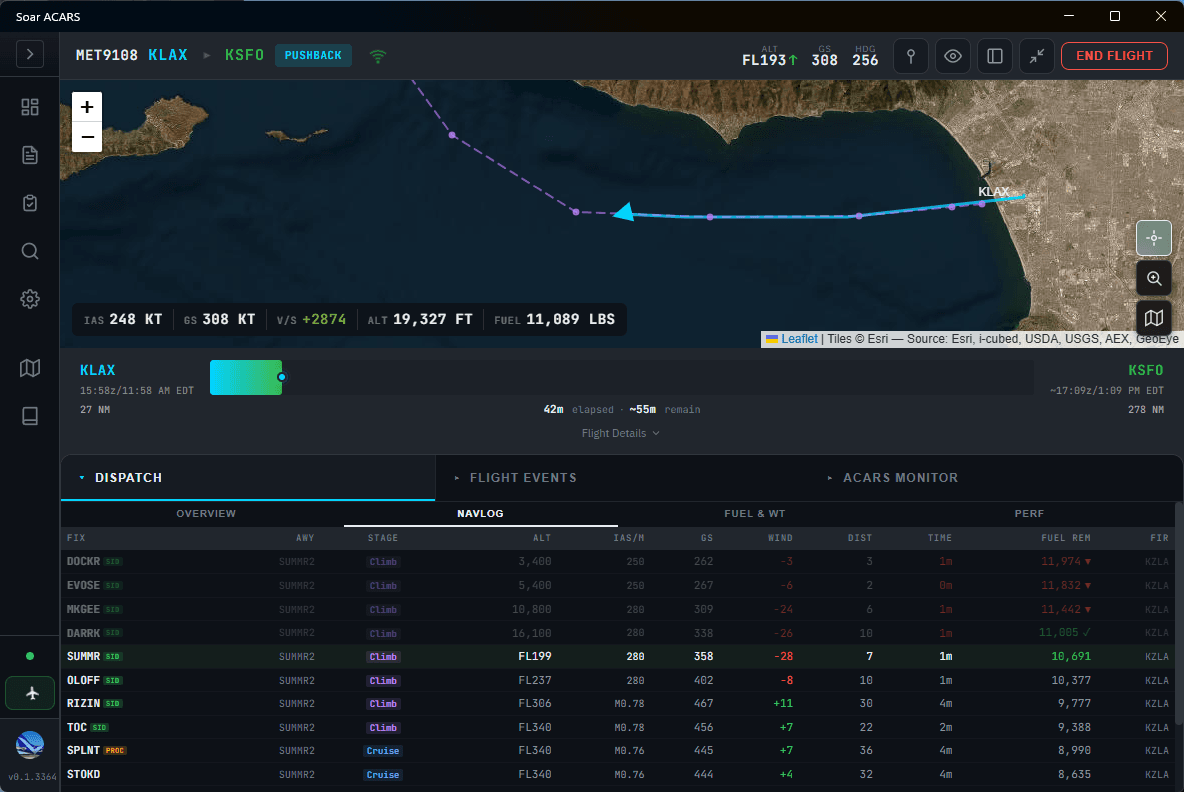 SOAR desktop ACARS client tracking a flight from KLAX to KSFO