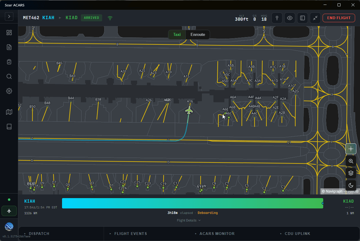 Navigraph airport taxi chart drawn inside the ACARS client