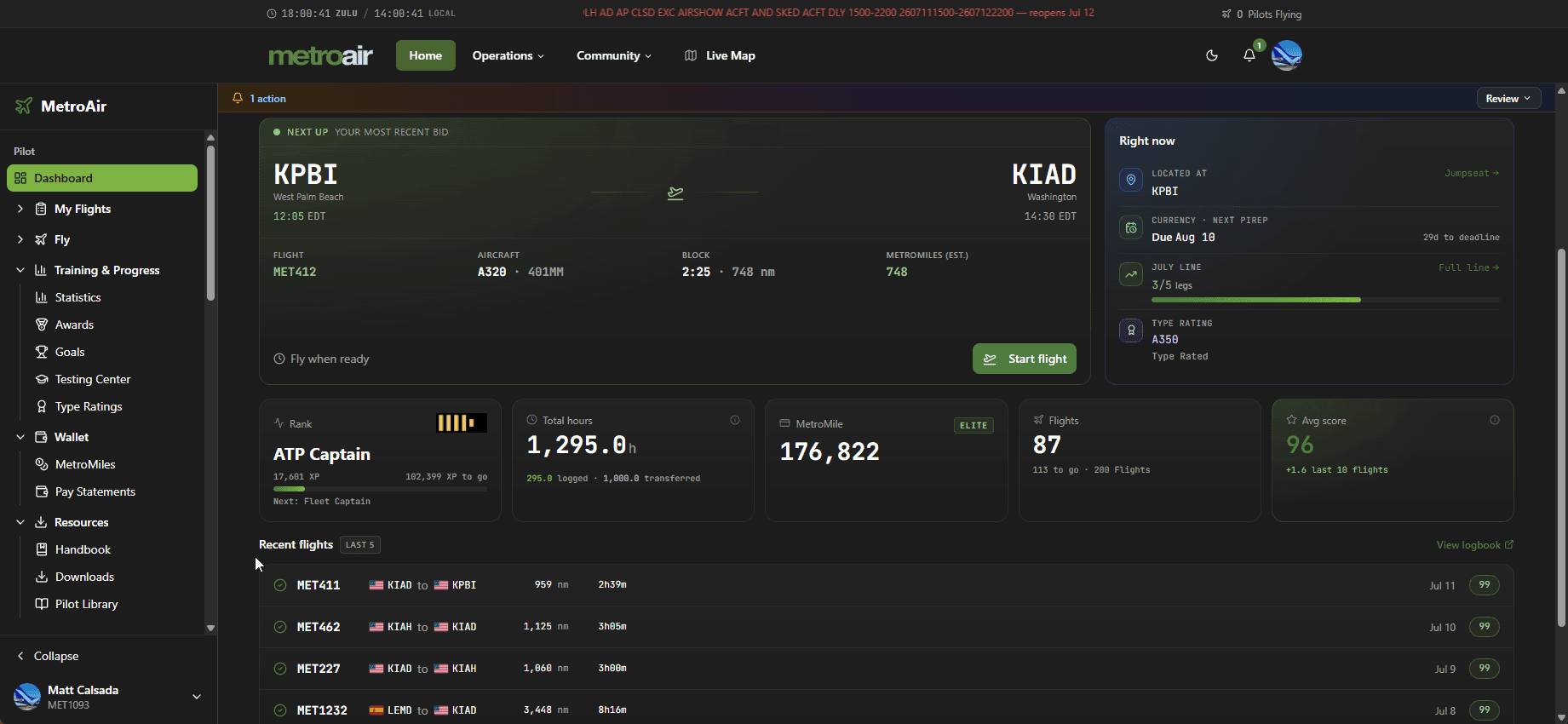 The SOAR pilot dashboard showing next flight, stats, and recent flights