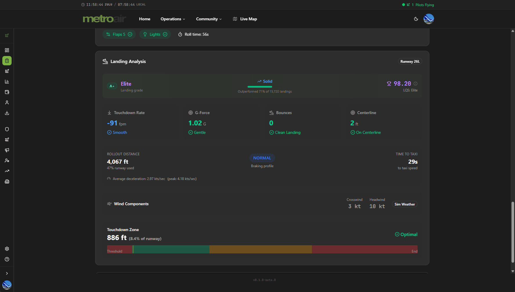 Landing analysis screen showing touchdown metrics